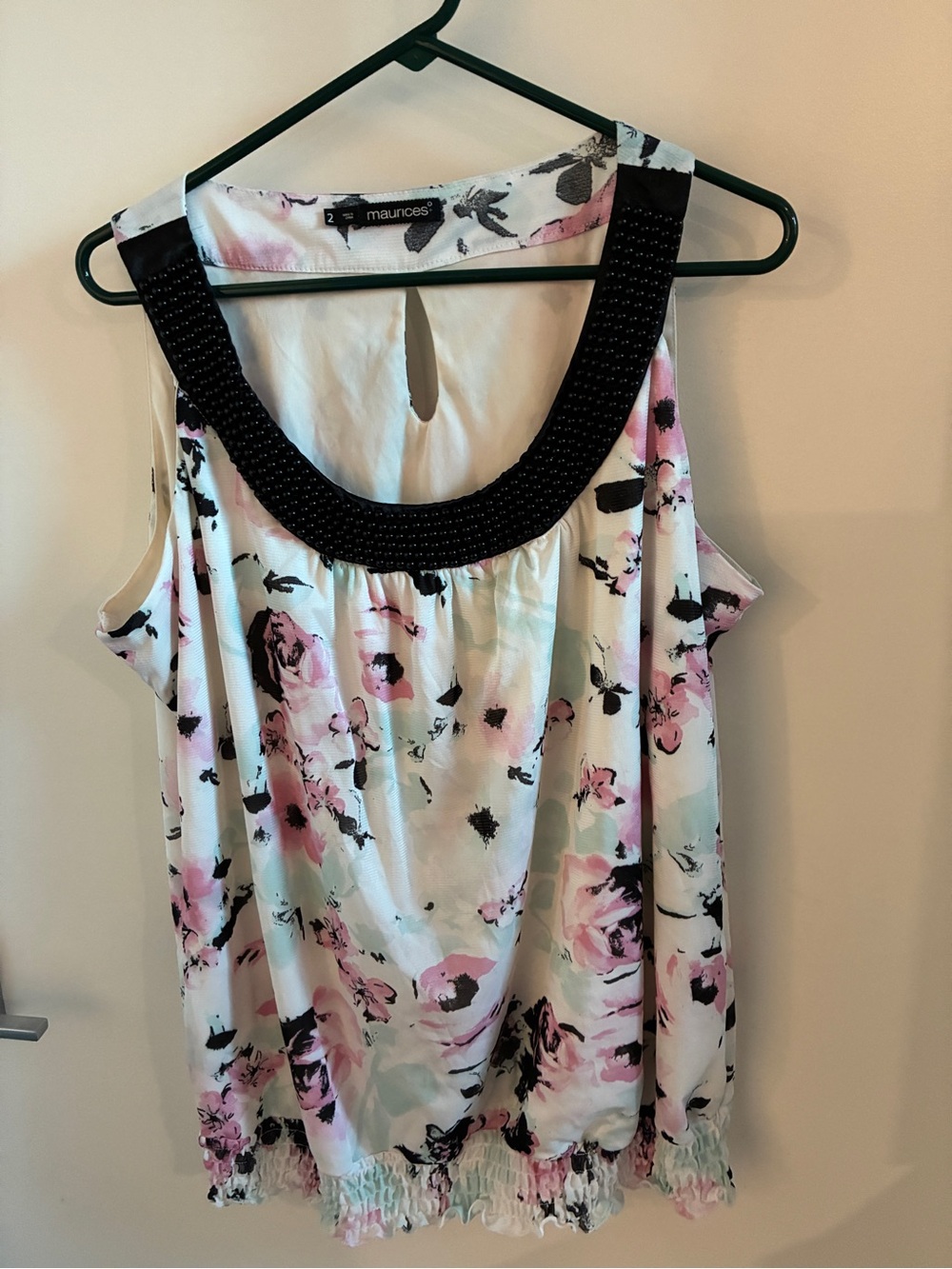 Maurices White Floral Sleeveless Top with Black Beaded Scoop Neck